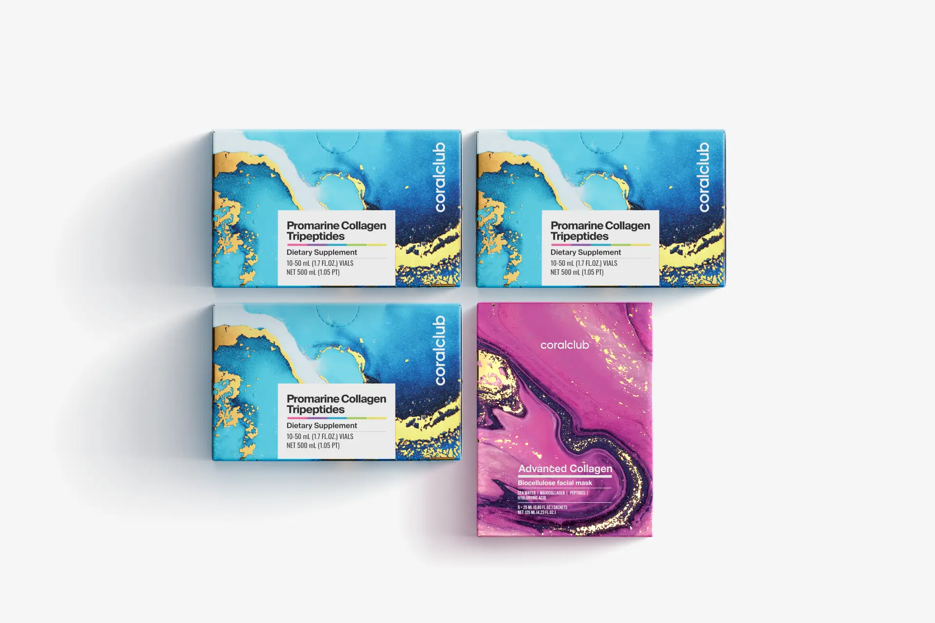 Set Promarine Collagen Tripeptides (cură de 1 lună) și măști faciale din bioceluloză Advanced Collagen (5 bucăți)